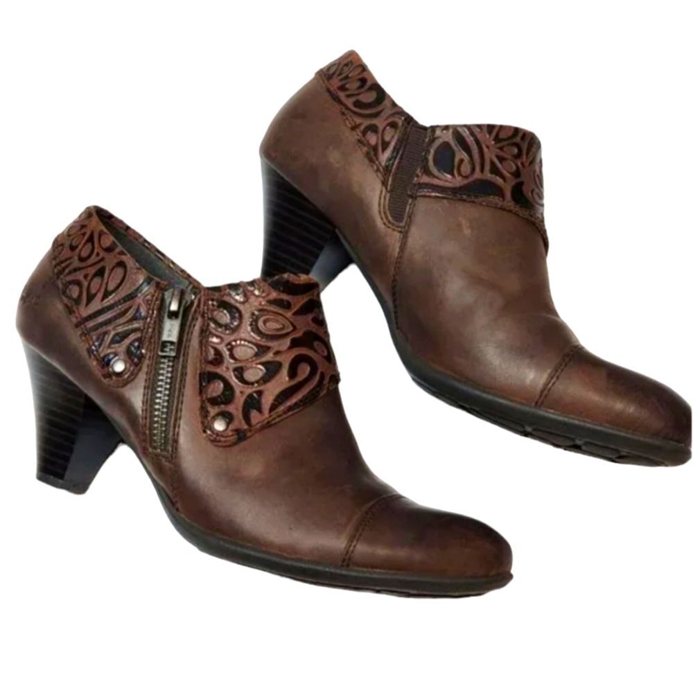 Born Boots Ankle Booties Brown Leather Embossed Cuff Block Heel Fairy Boho 6.5